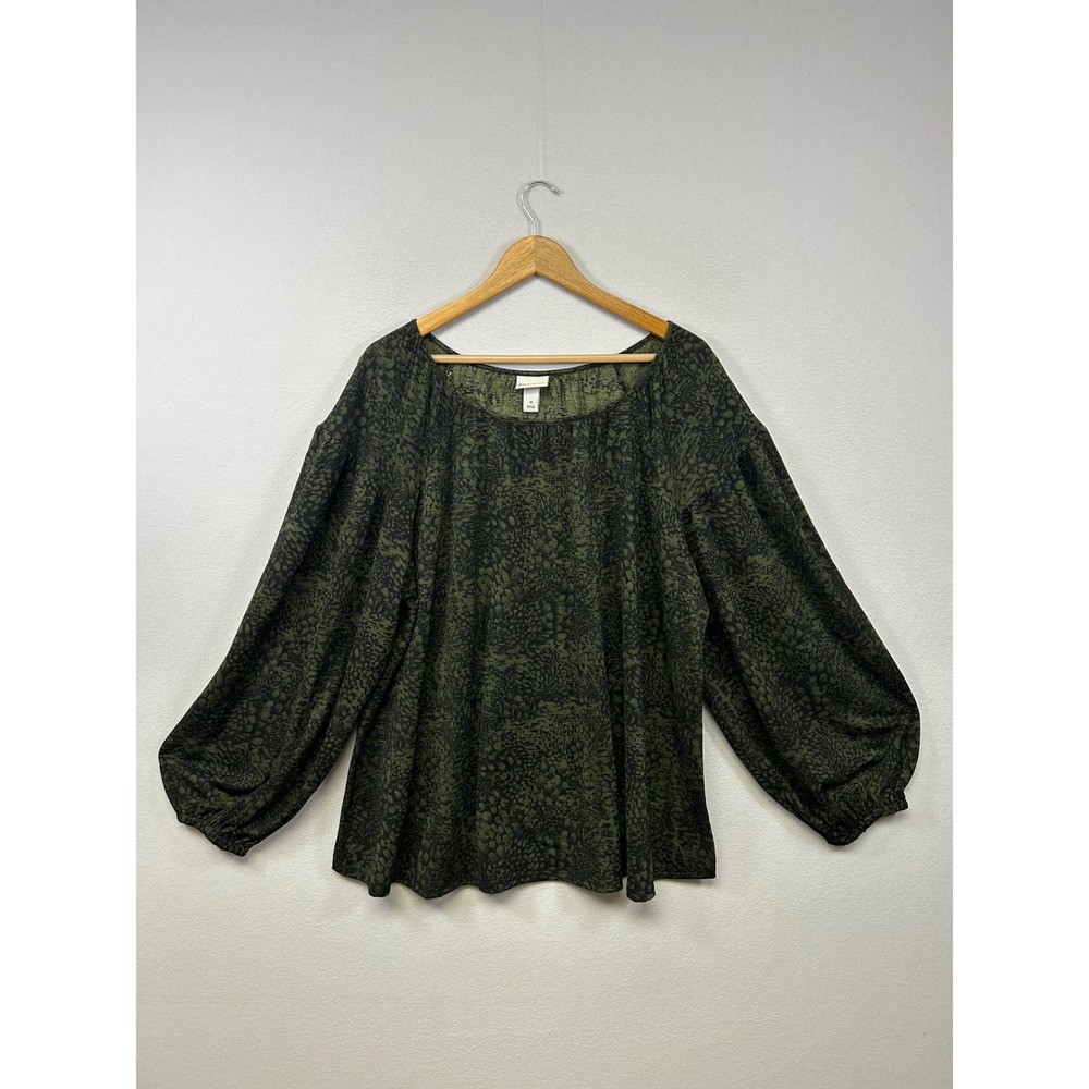 Boho Ava & Viv Womens 1X Green Black Abstract Print Balloon Sleeve Blouse Top‎